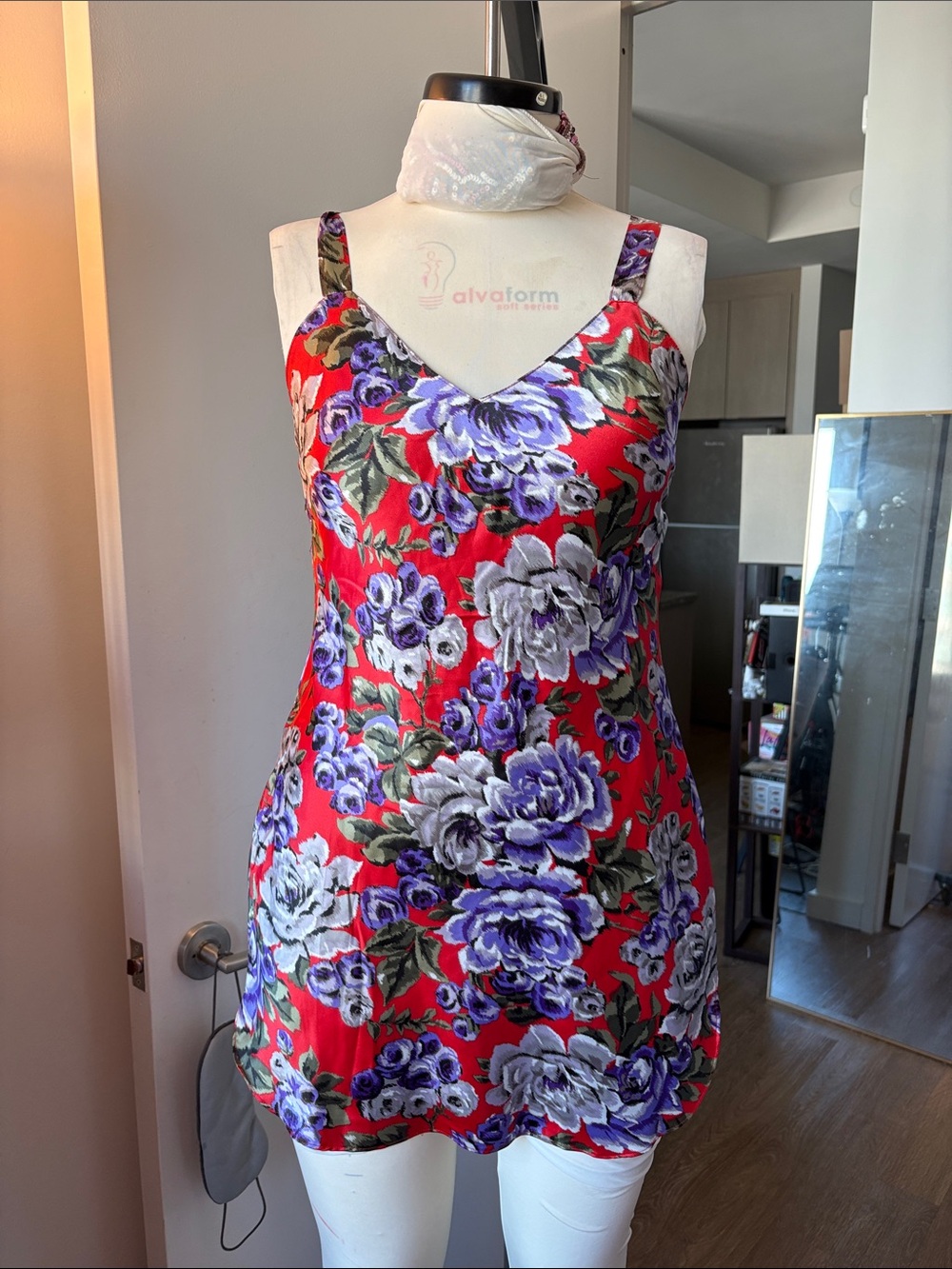 Natori Red Floral Satin Chemise with Purple & White Flowers